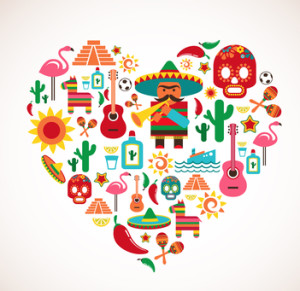 Mexico love - heart with set of vector icons